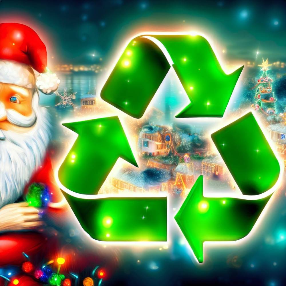 Recycling Symbol Decorated With Christmas Lights Next To Santa